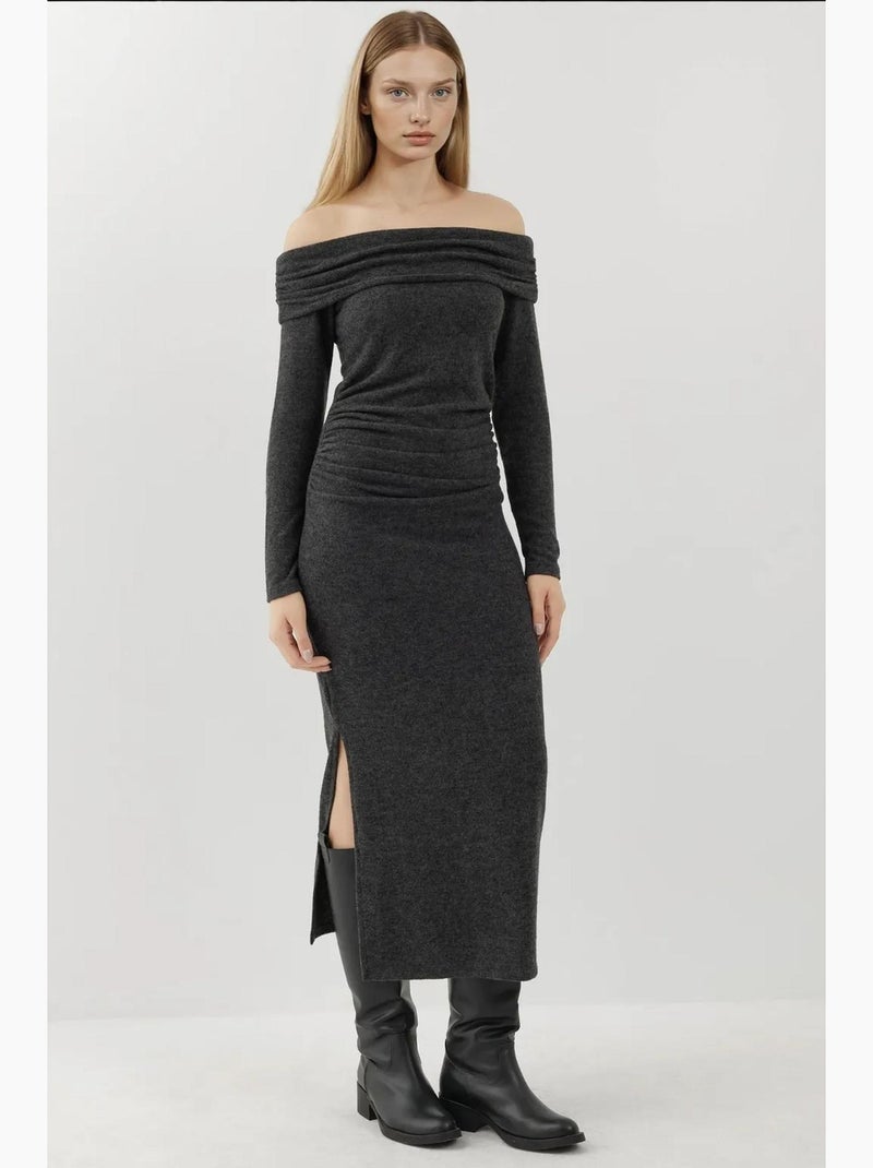 Vestido midi texturizado sem alças com racha hiccup Cinza escuro - Kiabi