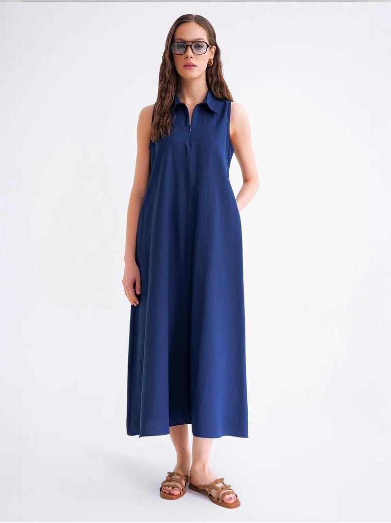 Vestido midi tipo camisa com fecho de correr frontal e colarinho de camisa mixray Azul-marinho - Kiabi