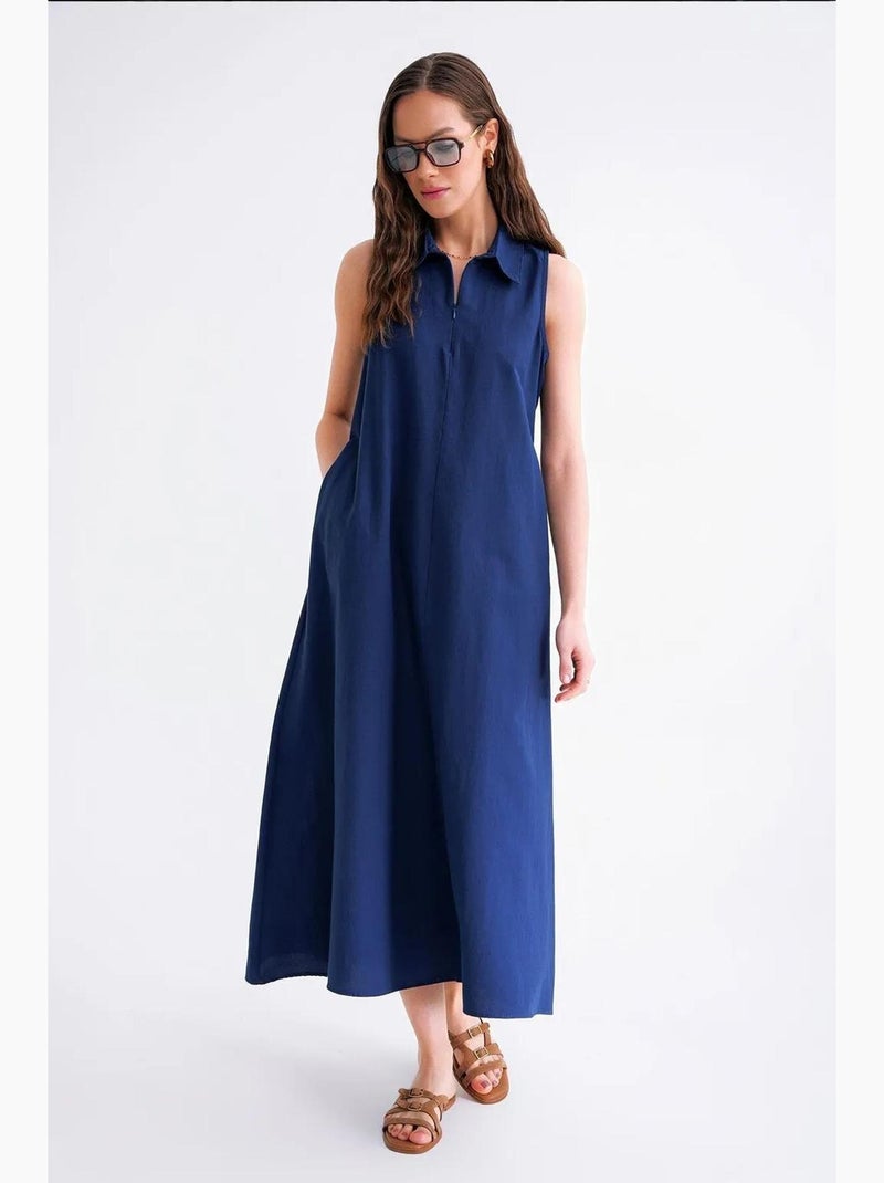 Vestido midi tipo camisa com fecho de correr frontal e colarinho de camisa mixray Azul-marinho - Kiabi