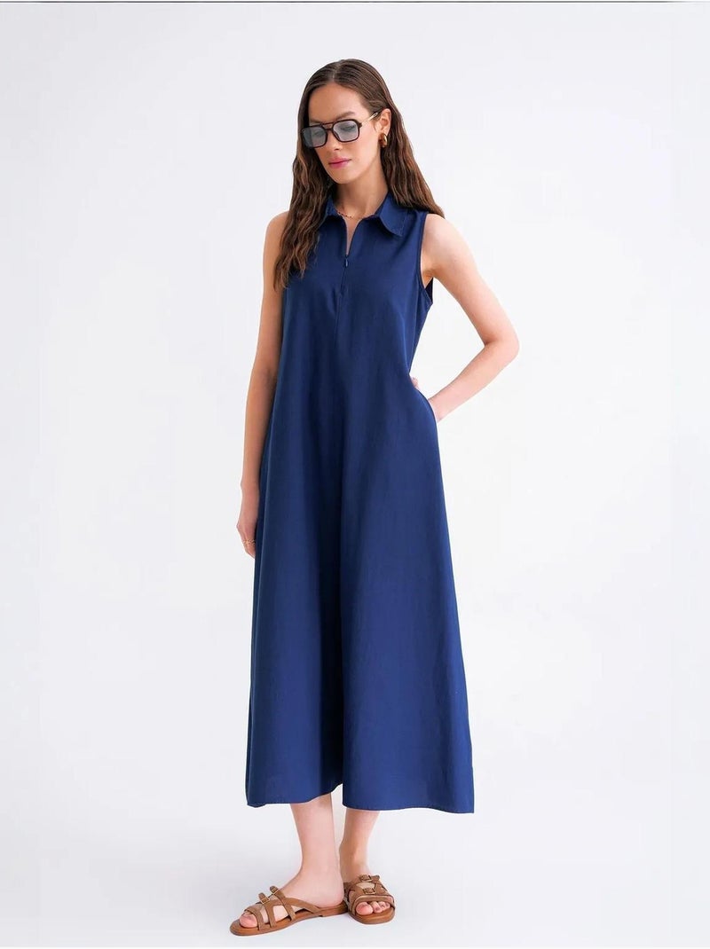 Vestido midi tipo camisa com fecho de correr frontal e colarinho de camisa mixray Azul-marinho - Kiabi