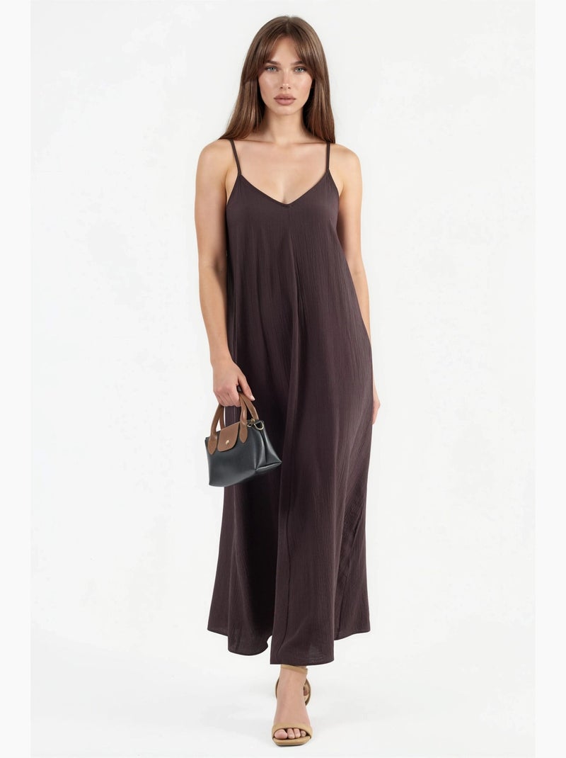 Vestido midi tipo combinação com decote em v busem Castanho-chocolate - Kiabi