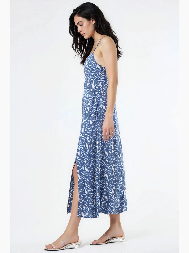 Vestido midi tipo combinação floral com decote coração busem Azul-cobalto - Kiabi