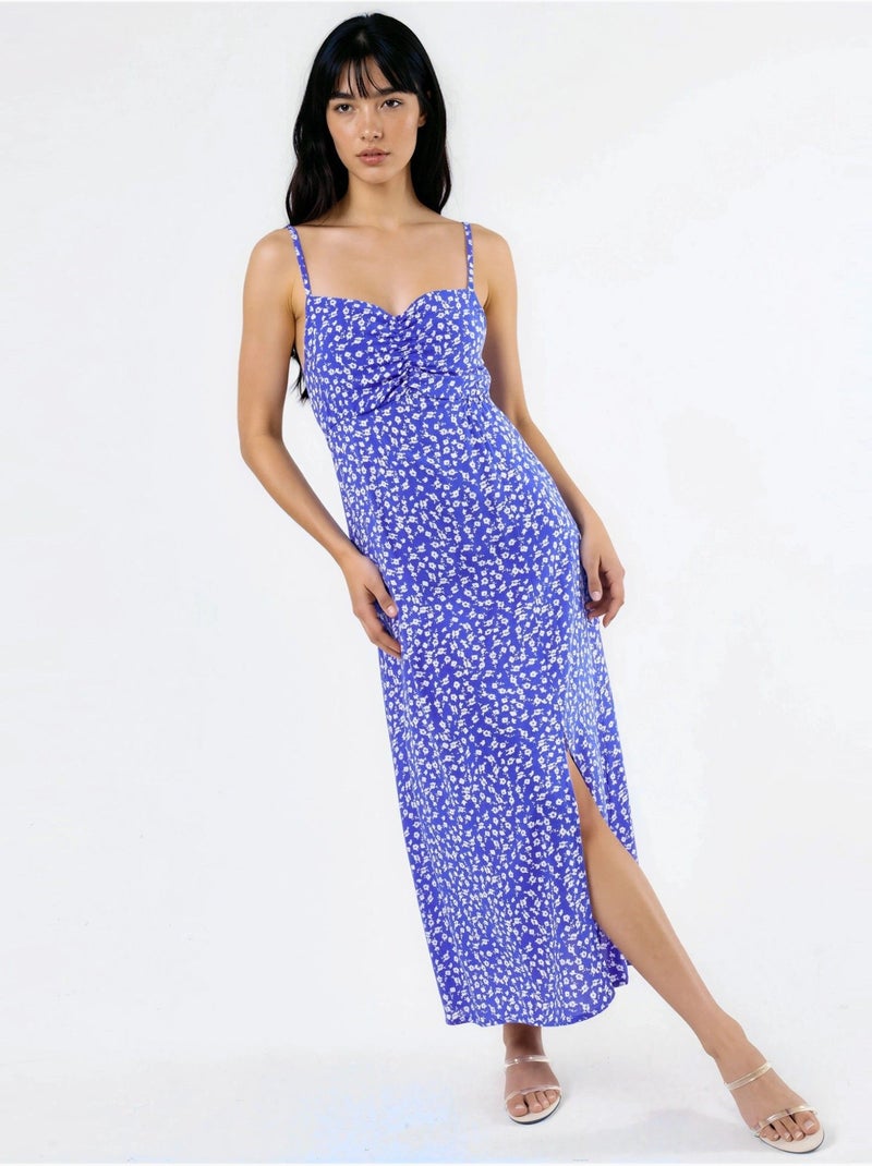 Vestido midi tipo combinação floral com decote coração busem Azul-elétrico - Kiabi