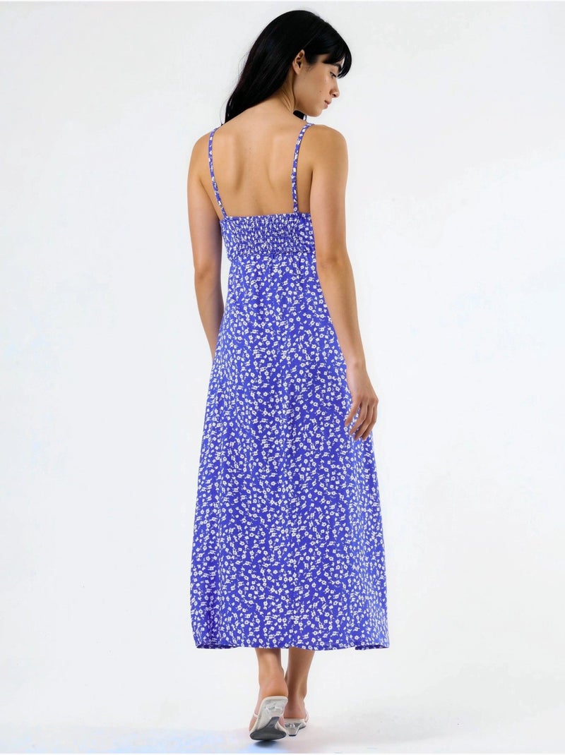Vestido midi tipo combinação floral com decote coração busem Azul-elétrico - Kiabi