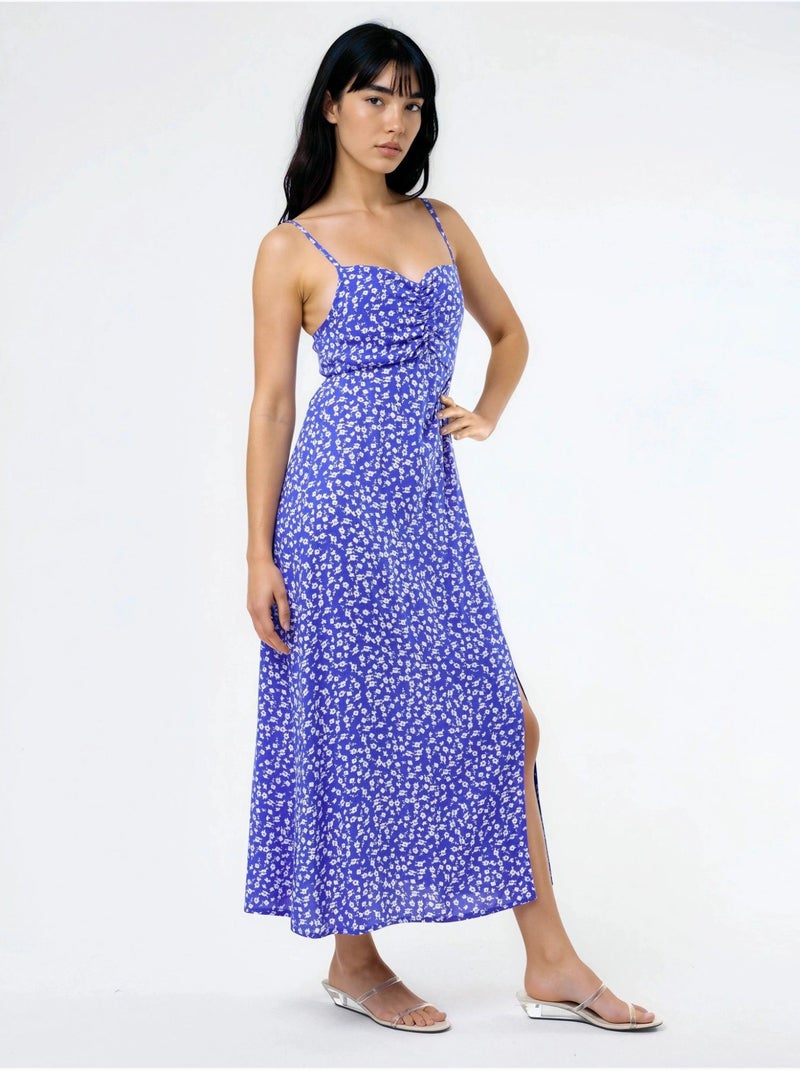 Vestido midi tipo combinação floral com decote coração busem Azul-elétrico - Kiabi