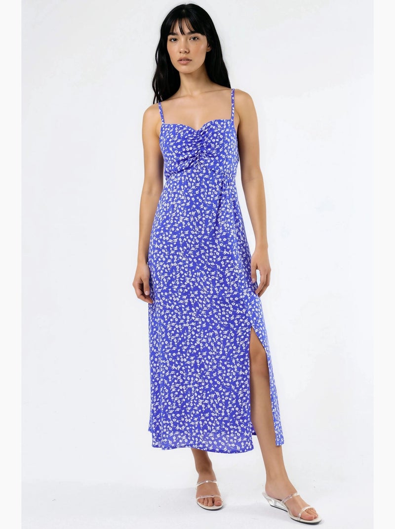 Vestido midi tipo combinação floral com decote coração busem Azul-elétrico - Kiabi