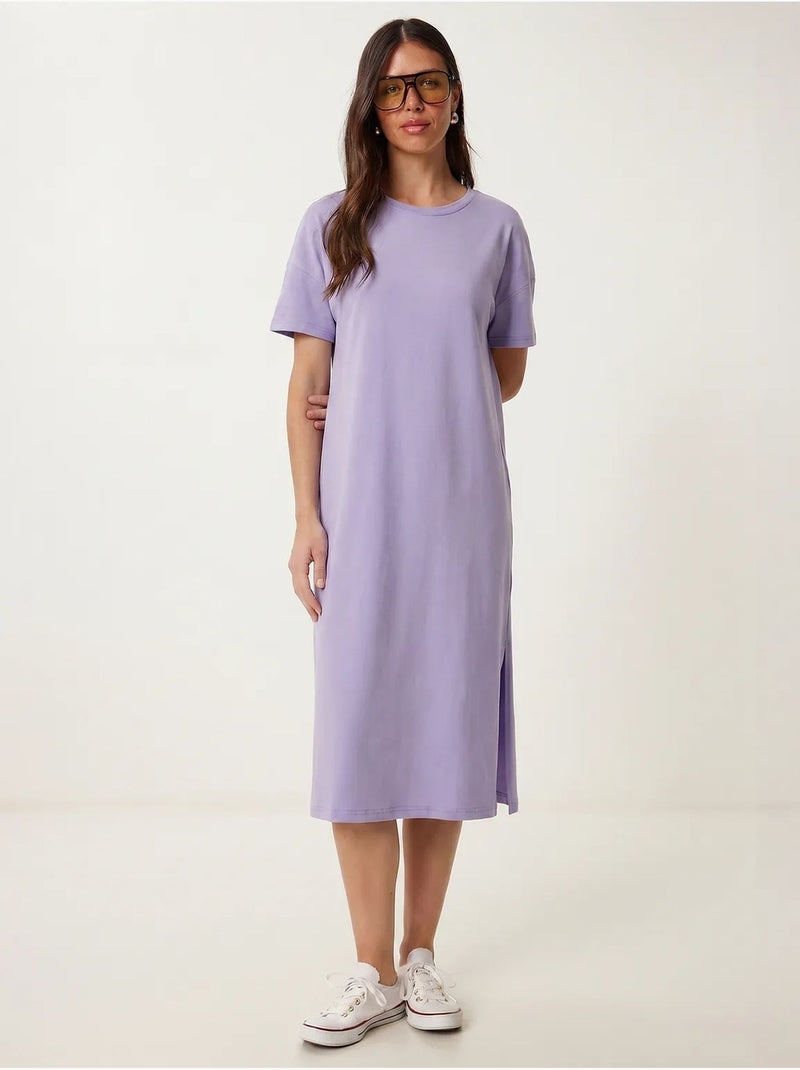 Vestido midi tipo t-shirt de algodão com gola redonda istanbul Lavanda - Kiabi