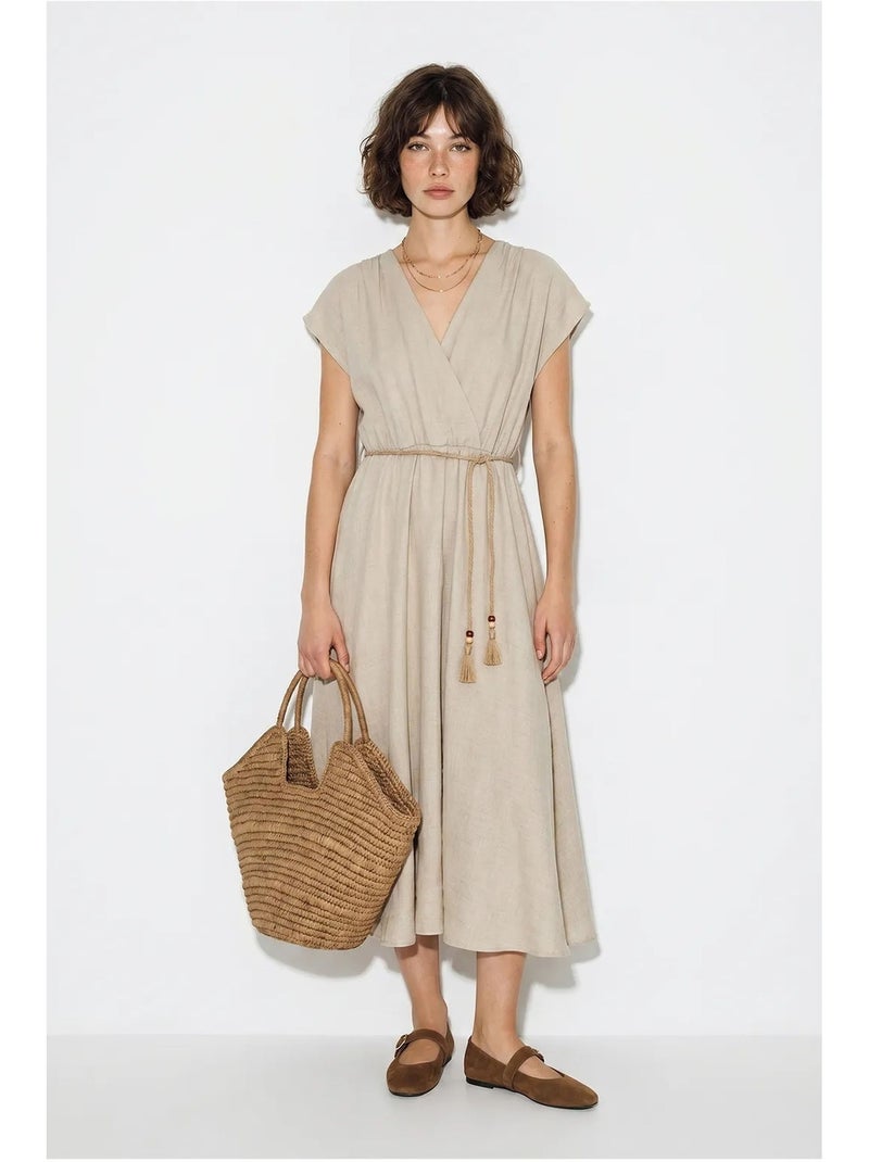Vestido midi transpassado com cinto lucci Bege-argila - Kiabi