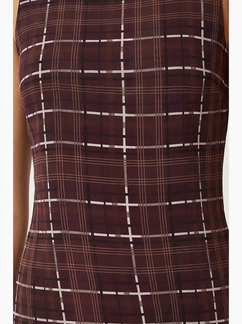 Vestido mini aos quadrados com folhos e gola redonda istanbul Branco Castanho - Kiabi