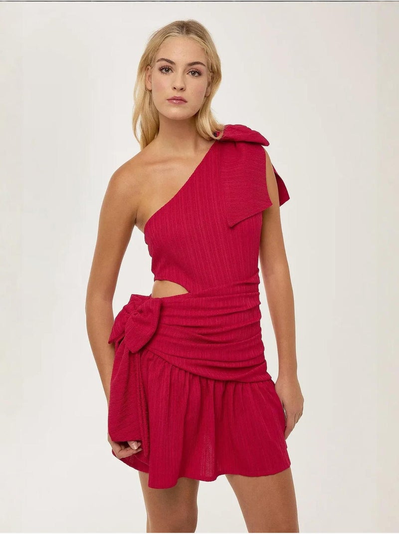 Vestido mini assimétrico de uma manga com detalhe de laço hiccup Rosa-fúcsia - Kiabi