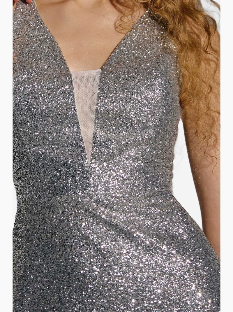 Vestido mini bodycon com brilho e decote em v, sem mangas hiccup Prata - Kiabi