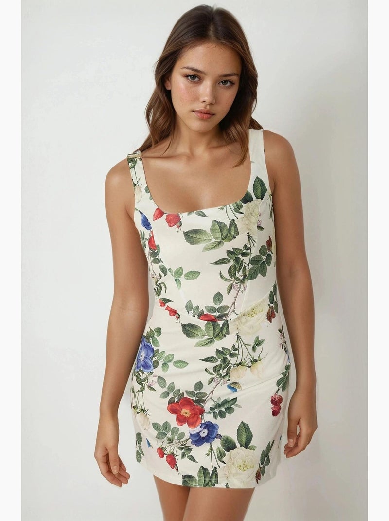 Vestido mini bodycon com decote quadrado e estampado floral hiccup Verde/Areia - Kiabi