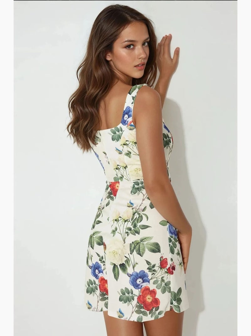 Vestido mini bodycon com decote quadrado e estampado floral hiccup Verde/Areia - Kiabi