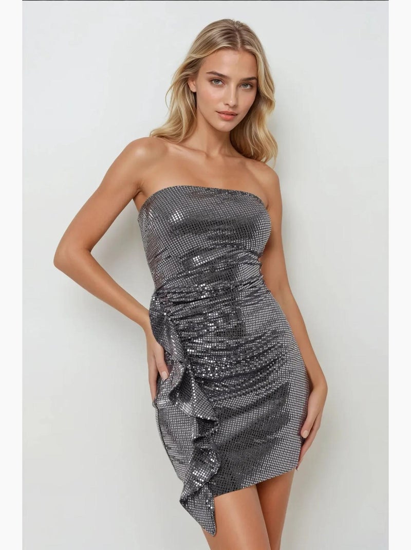 Vestido mini bodycon sem alças com lantejoulas e detalhe drapeado hiccup Prata - Kiabi