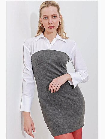 Vestido mini color block com colarinho de camisa e mangas compridas bdart