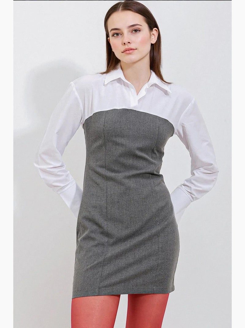 Vestido mini color block com colarinho de camisa e mangas compridas bdart Cinza-preto - Kiabi