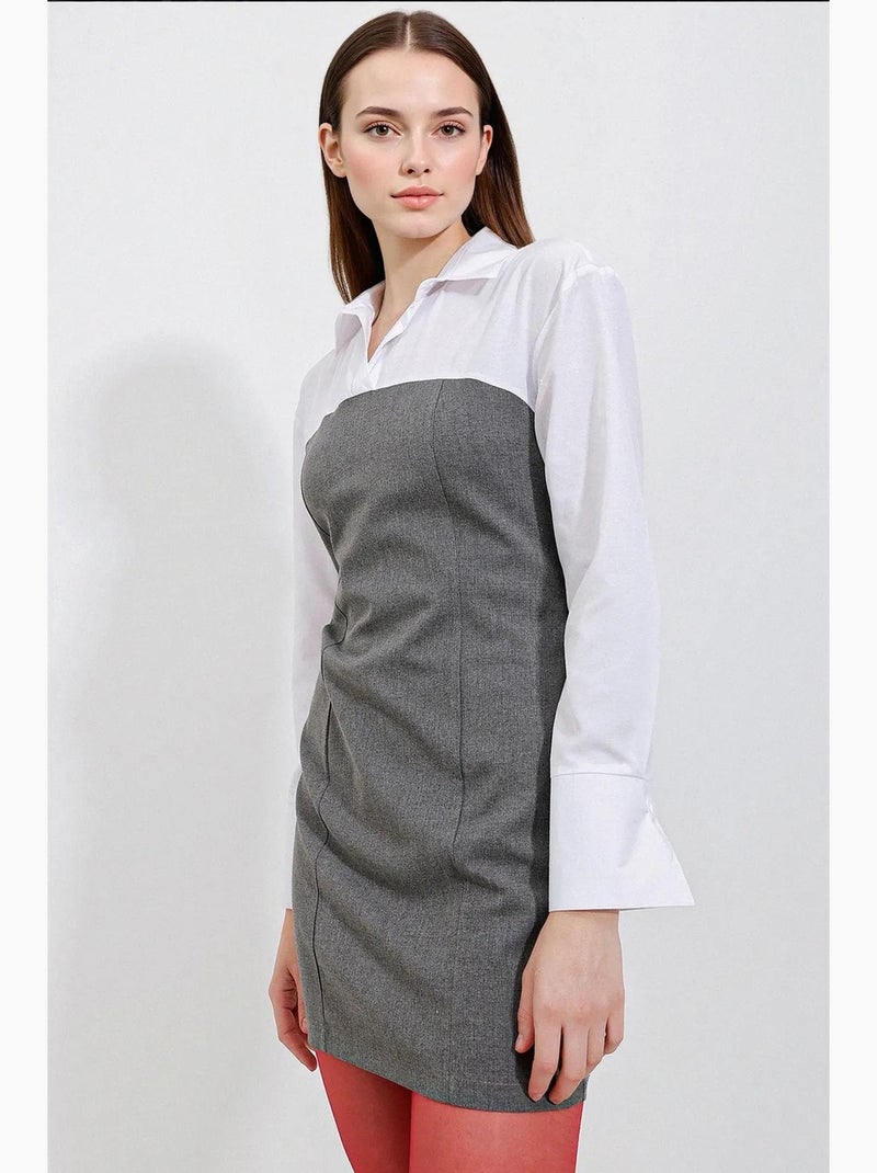 Vestido mini color block com colarinho de camisa e mangas compridas bdart Cinza-preto - Kiabi