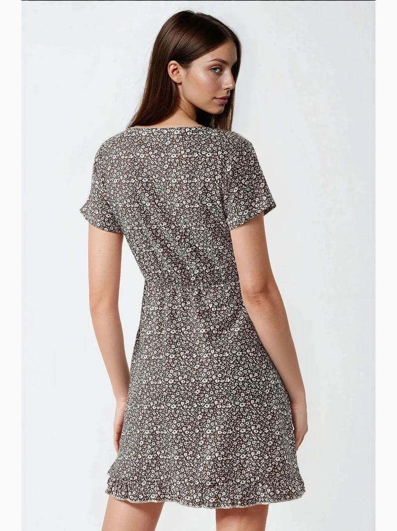 Vestido mini com decote em v e estampado floral miúdo, hiccup Castanho-claro - Kiabi