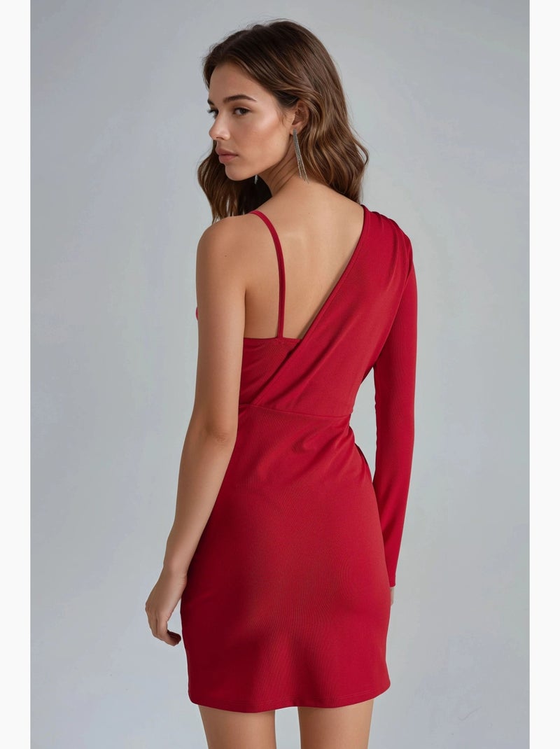 Vestido mini com decote em v e uma manga busem Vermelho - Kiabi