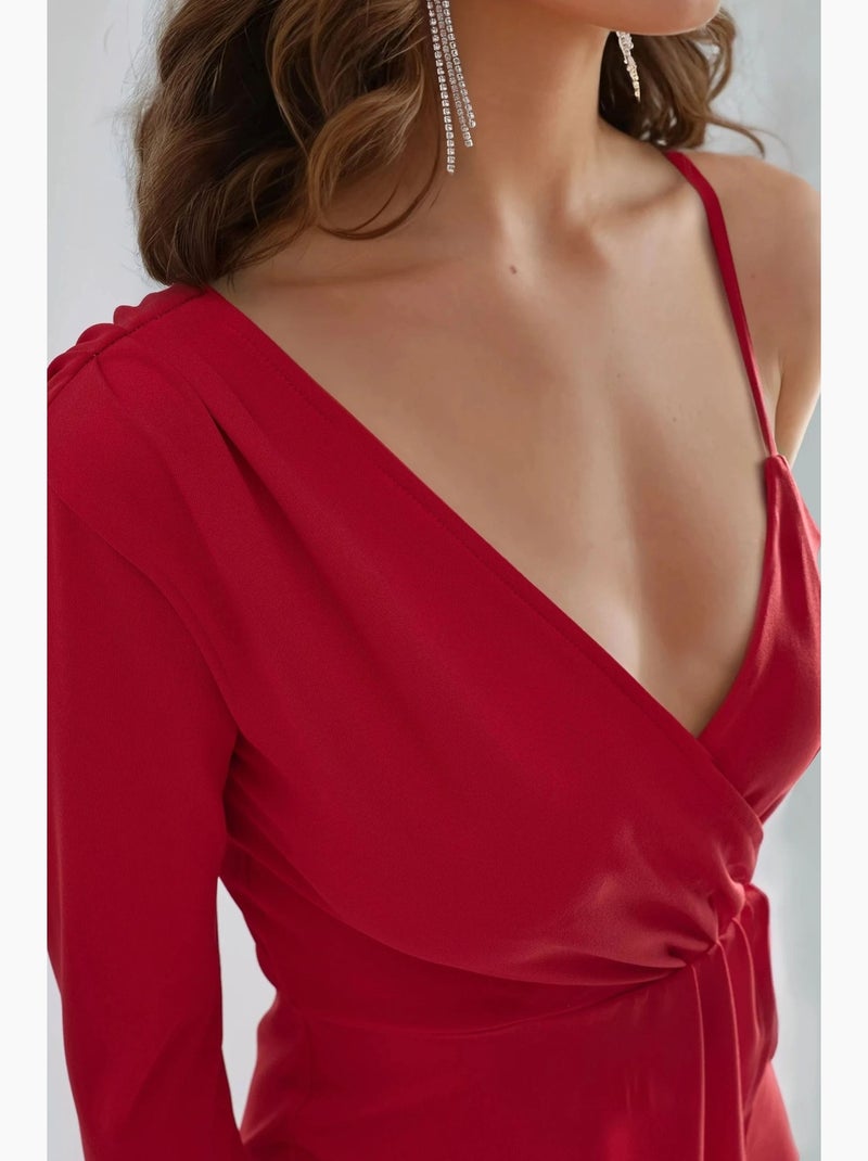 Vestido mini com decote em v e uma manga busem Vermelho - Kiabi