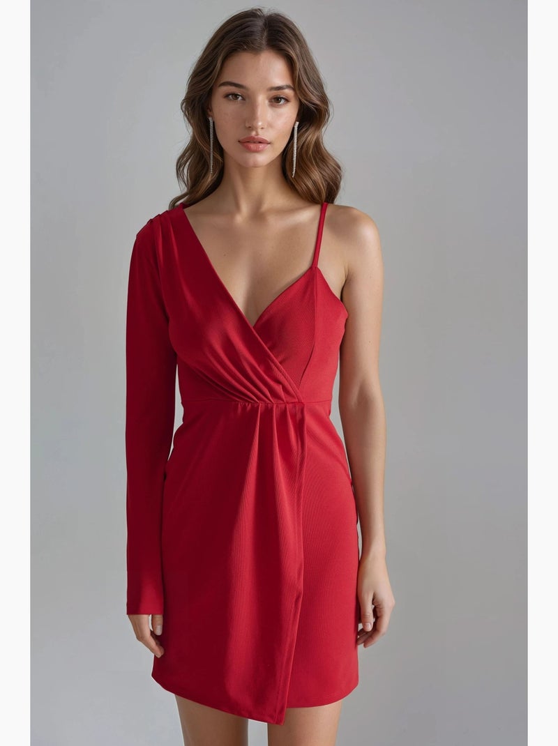 Vestido mini com decote em v e uma manga busem Vermelho - Kiabi