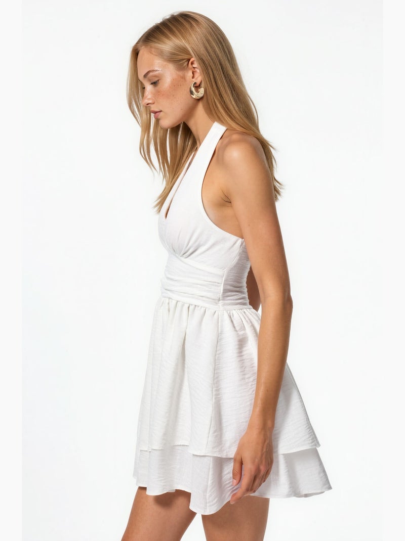 Vestido mini com decote halter e folhos hiccup Branco - Kiabi