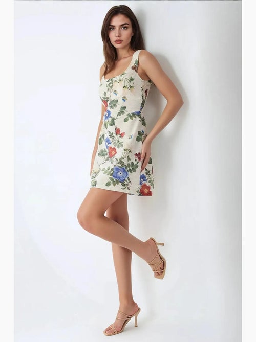 Vestido mini com decote quadrado e padrão floral com toque de linho hiccup - Kiabi