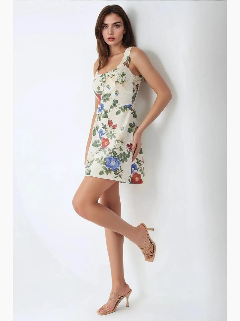 Vestido mini com decote quadrado e padrão floral com toque de linho hiccup Creme - Kiabi