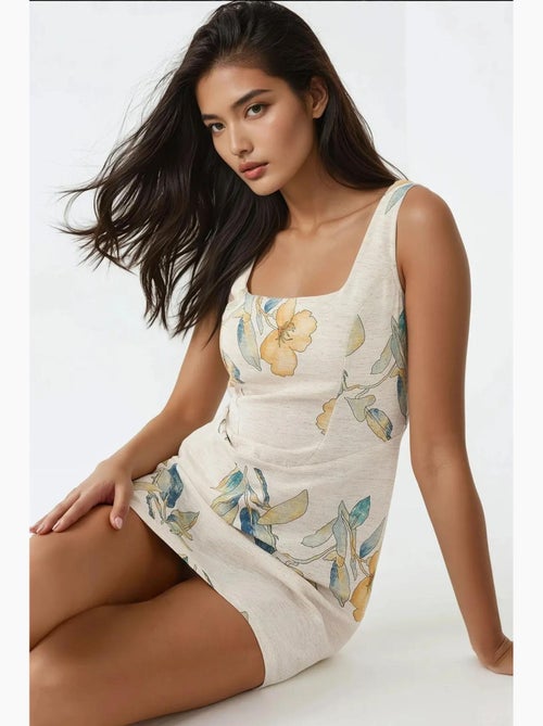 Vestido mini com decote quadrado e padrão floral com toque de linho hiccup - Kiabi