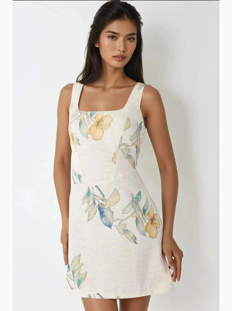 Vestido mini com decote quadrado e padrão floral com toque de linho hiccup Marfim - Kiabi