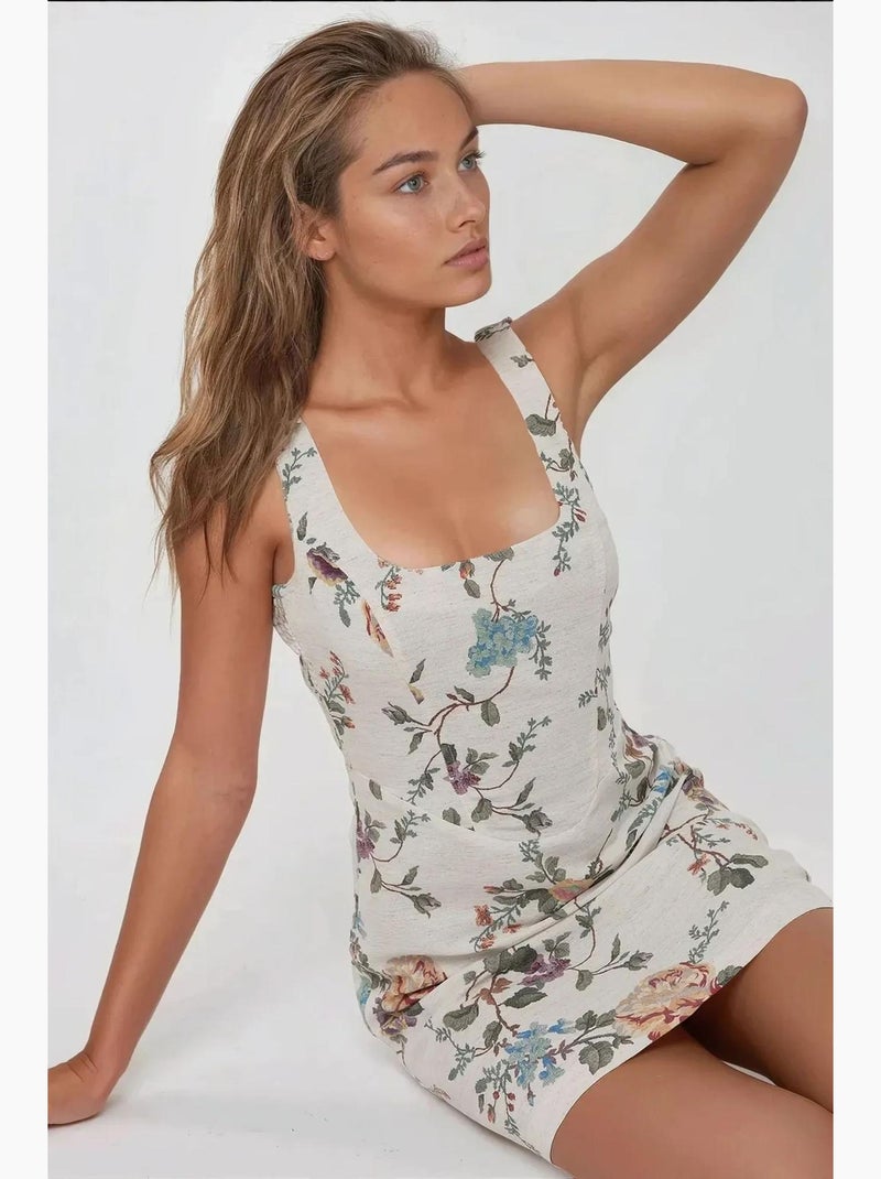 Vestido mini com decote quadrado e padrão floral com toque de linho hiccup Verde - Kiabi