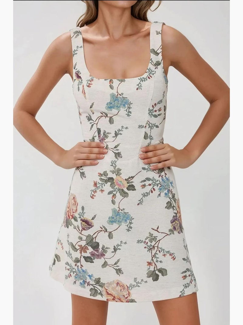 Vestido mini com decote quadrado e padrão floral com toque de linho hiccup Verde - Kiabi