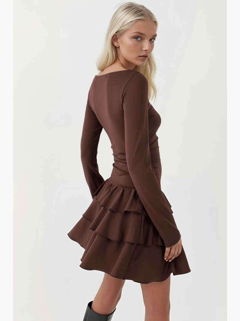 Vestido mini com decote redondo e folhos hiccup Castanho-chocolate - Kiabi