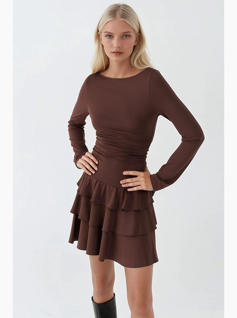 Vestido mini com decote redondo e folhos hiccup Castanho-chocolate - Kiabi