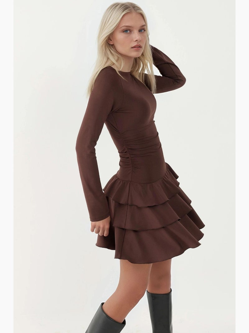 Vestido mini com decote redondo e folhos hiccup Castanho-chocolate - Kiabi