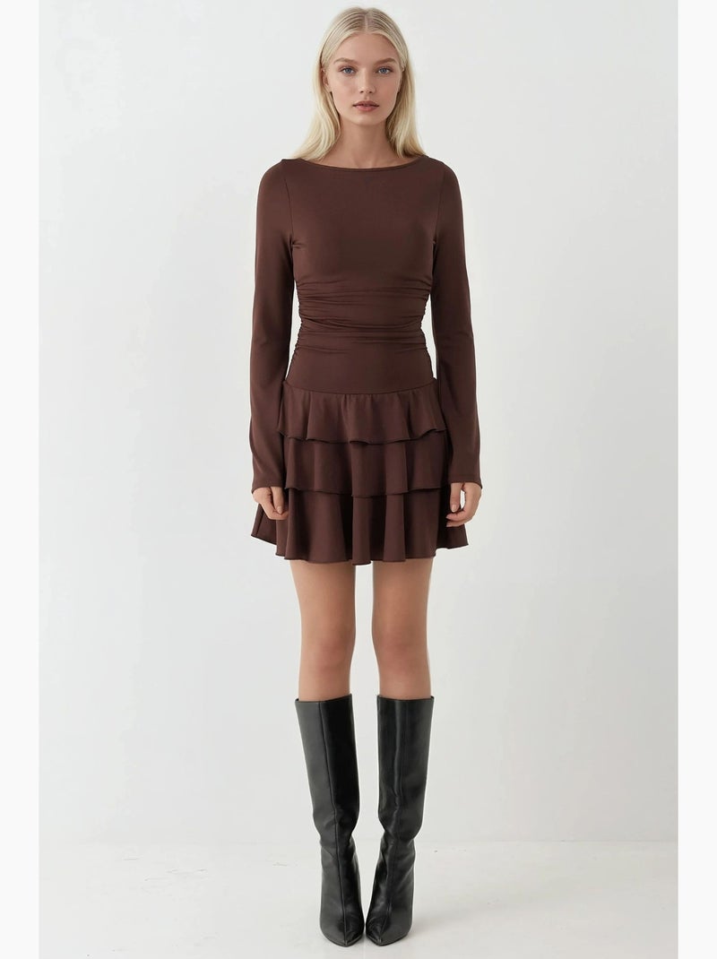 Vestido mini com decote redondo e folhos hiccup Castanho-chocolate - Kiabi