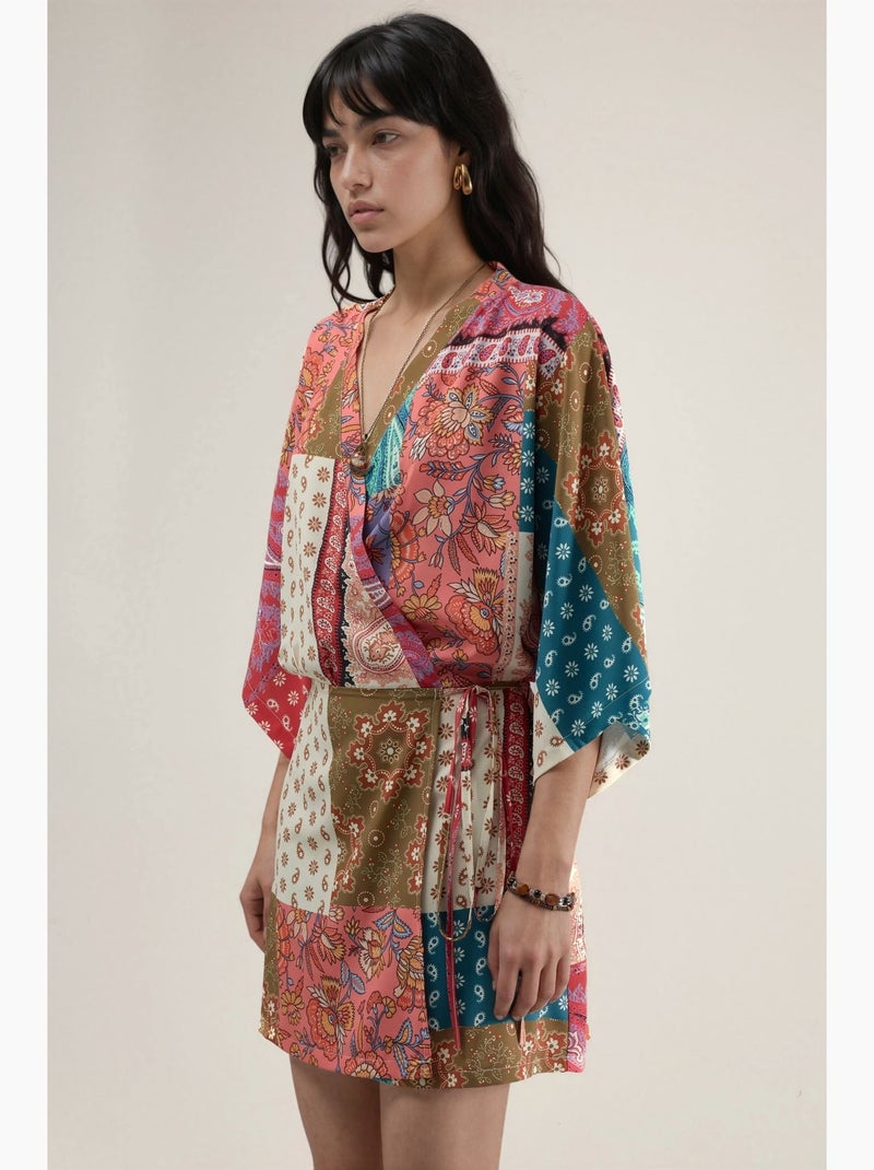 Vestido mini com estampado étnico e laço frontal hiccup Rosa - Kiabi