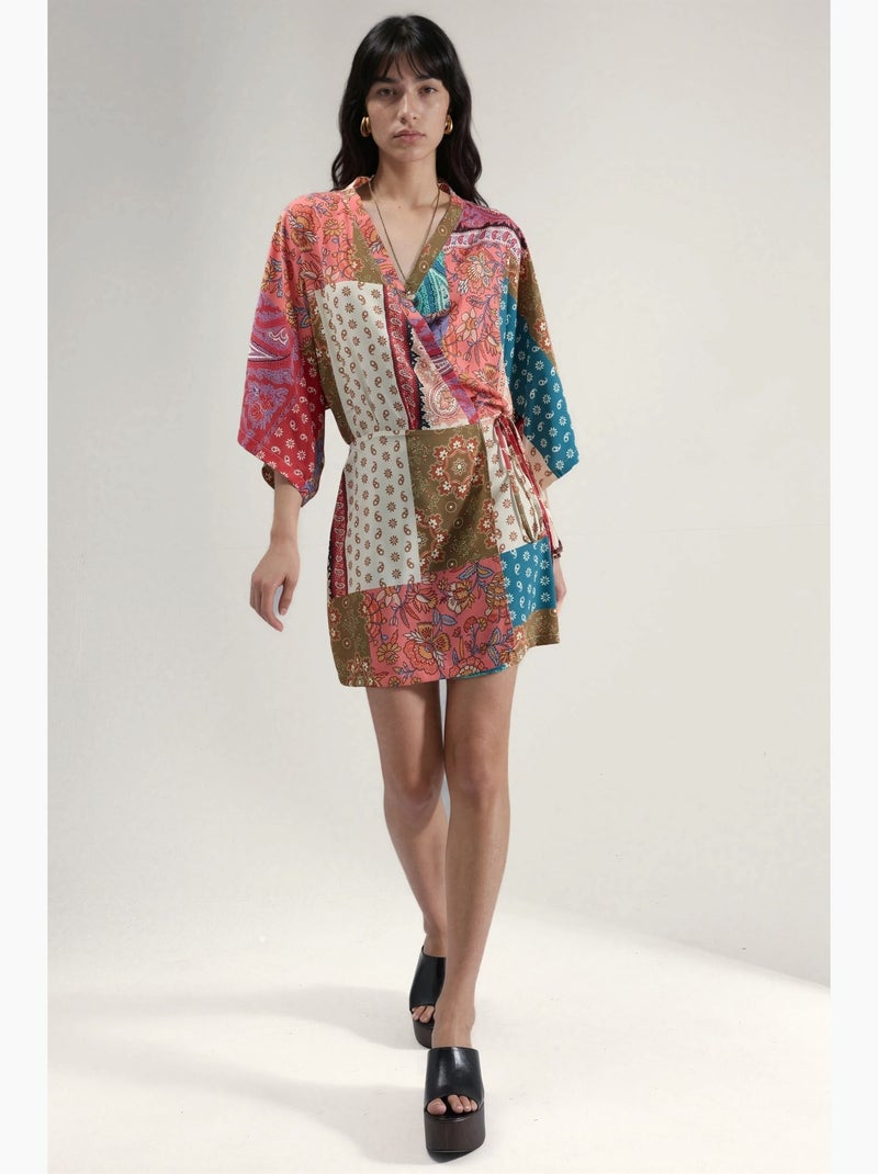 Vestido mini com estampado étnico e laço frontal hiccup Rosa - Kiabi