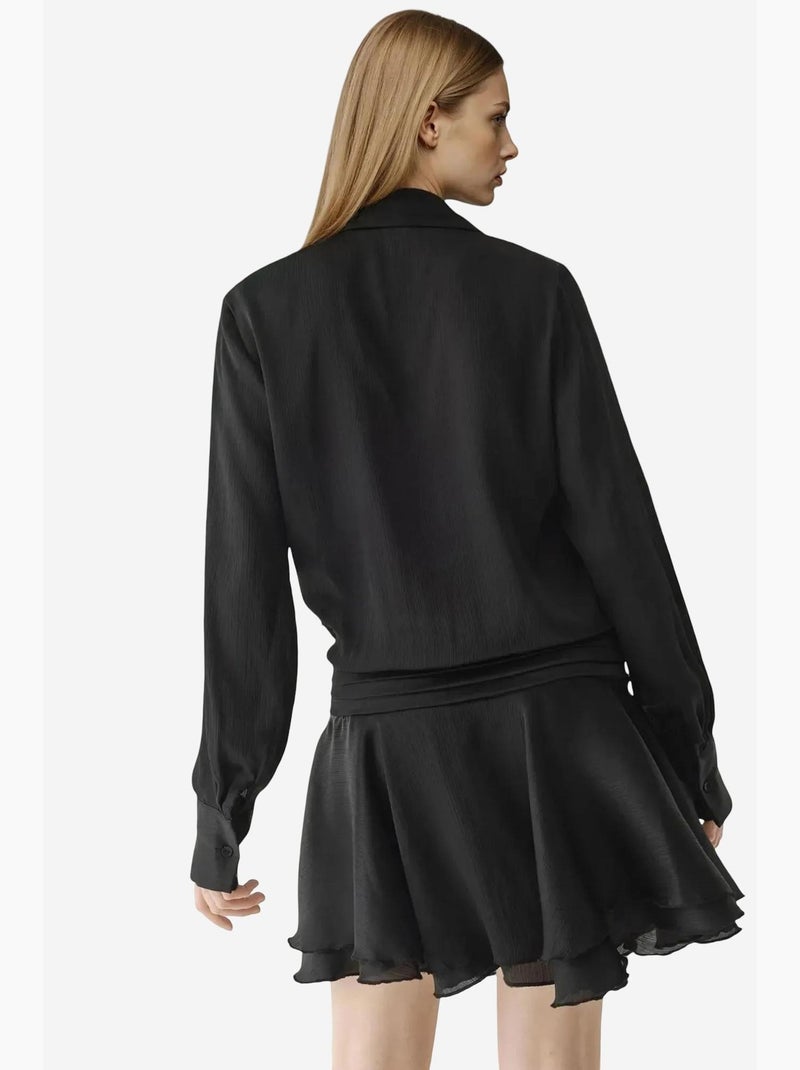 Vestido mini com folhos e drapeado, manga comprida e colarinho de camisa hiccup Preto - Kiabi