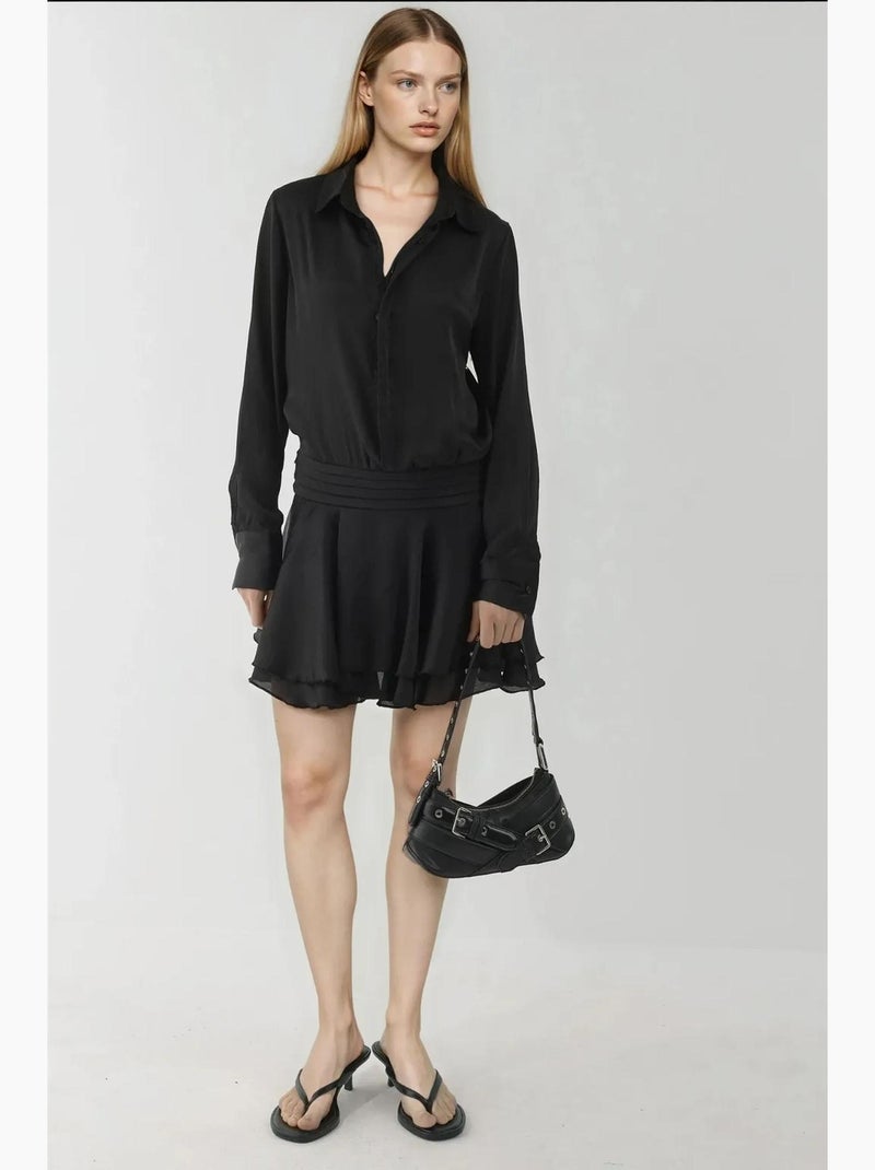 Vestido mini com folhos e drapeado, manga comprida e colarinho de camisa hiccup Preto - Kiabi