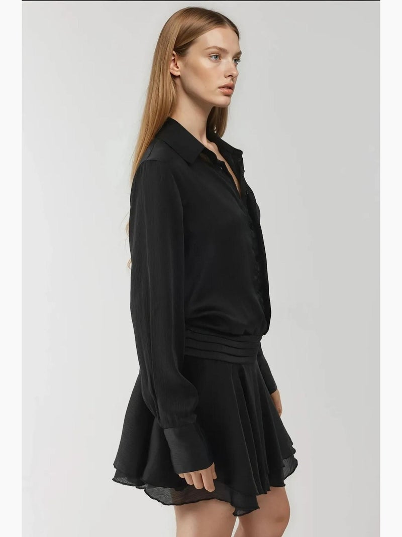 Vestido mini com folhos e drapeado, manga comprida e colarinho de camisa hiccup Preto - Kiabi