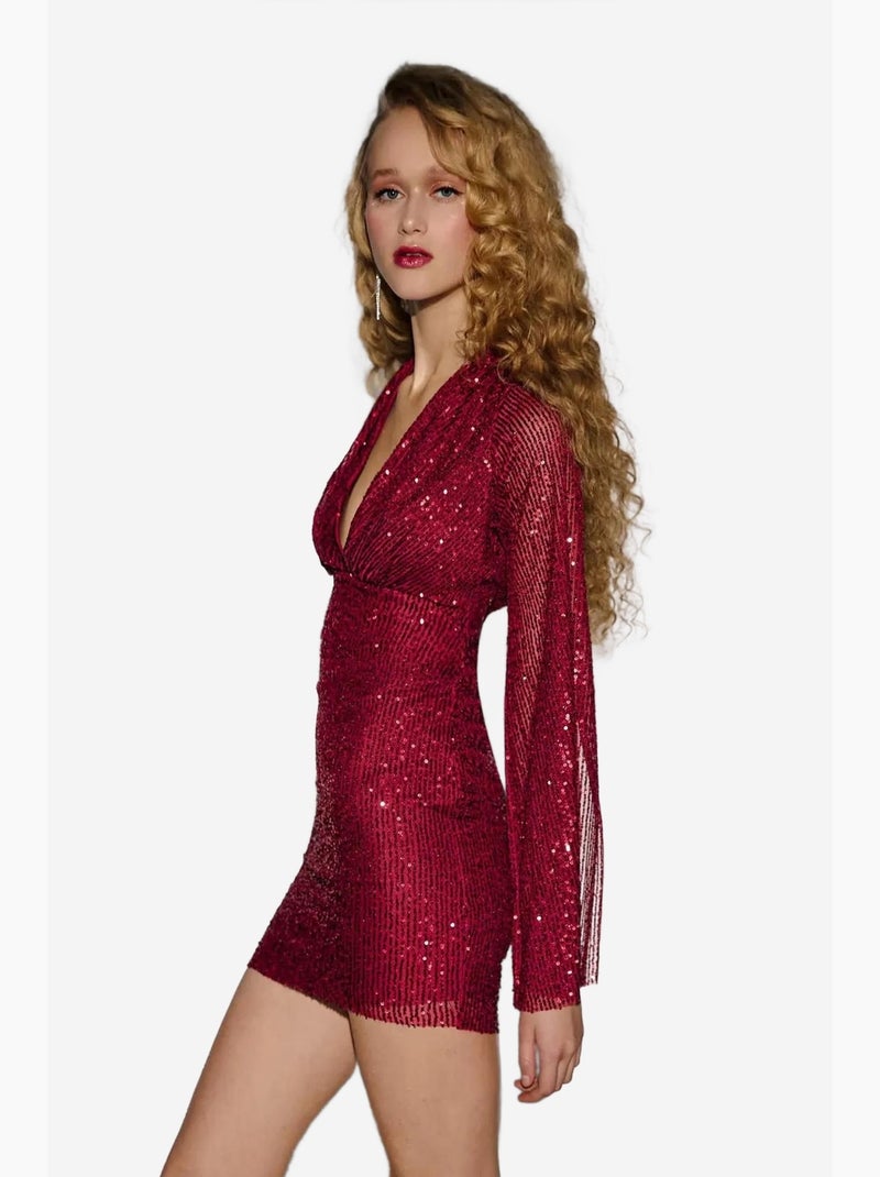 Vestido mini com lantejoulas e decote em v hiccup Vermelho - Kiabi