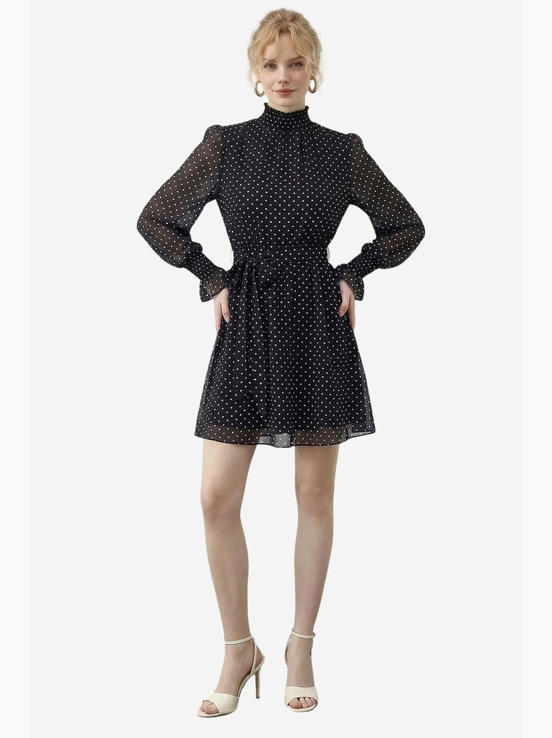 Vestido mini de bolas com meio gola alta e cinto lucci Preto - Kiabi
