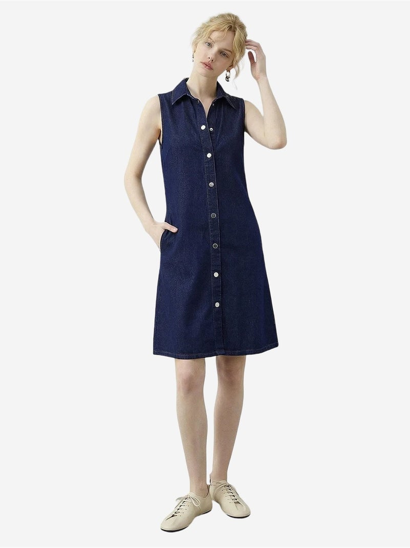 Vestido mini de ganga com colarinho de camisa e bolso lucci Azul-marinho - Kiabi