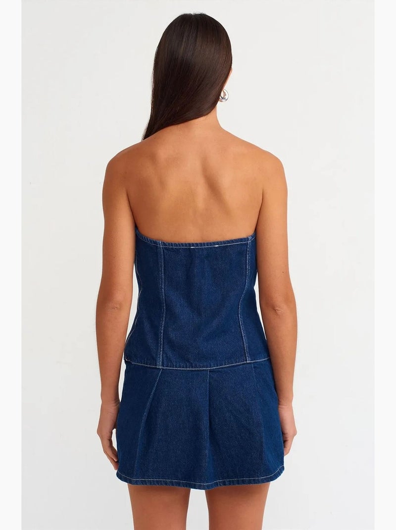 Vestido mini de ganga sem alças com cinto dilvin Azul-safira - Kiabi