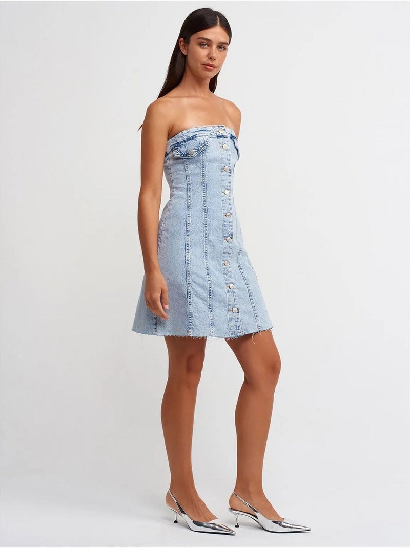 Vestido mini de ganga sem alças dilvin Azul claro - Kiabi