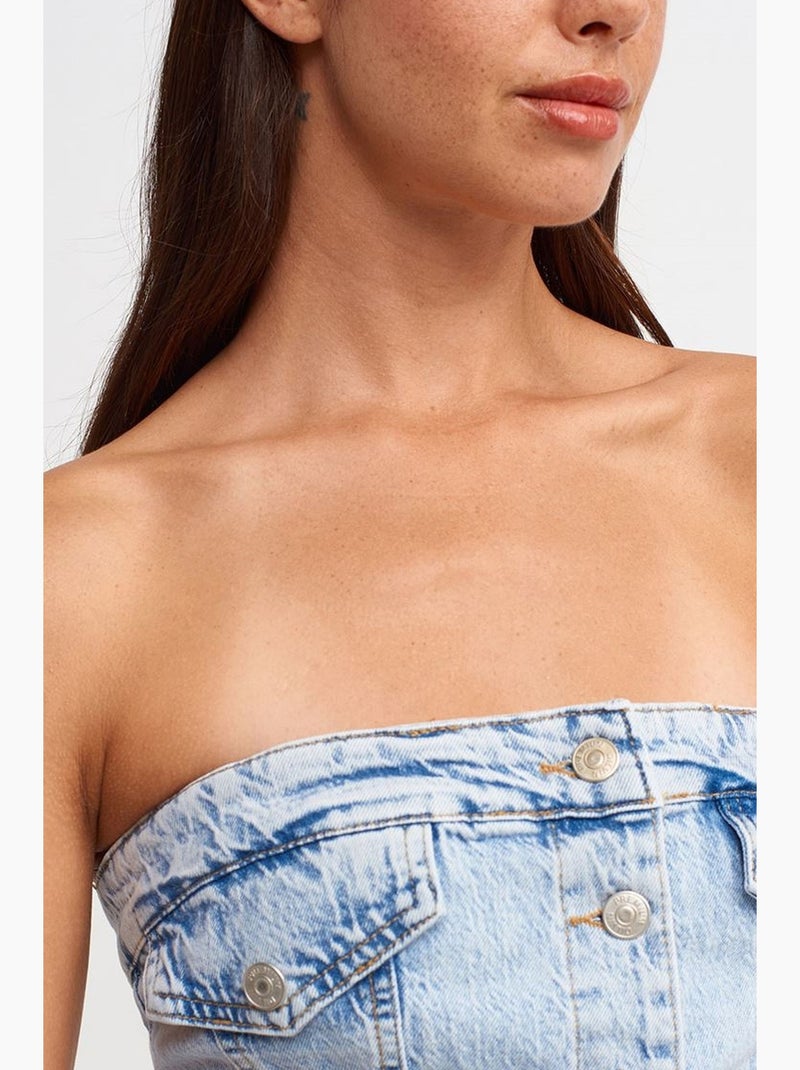 Vestido mini de ganga sem alças dilvin Azul claro - Kiabi