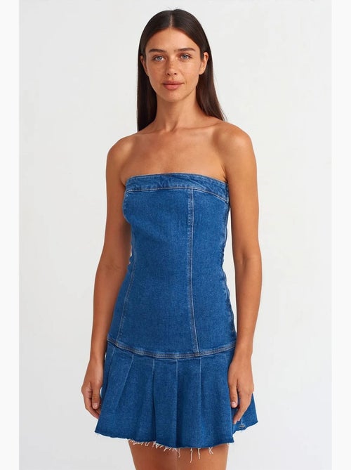 Vestido mini de ganga sem alças justo dilvin - Kiabi Vestido mini de ganga sem alças justo dilvin - Kiabi