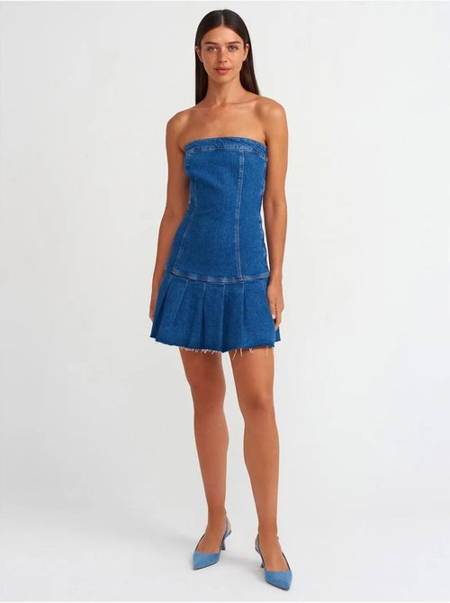 Vestido mini de ganga sem alças justo dilvin - Kiabi Vestido mini de ganga sem alças justo dilvin - Kiabi
