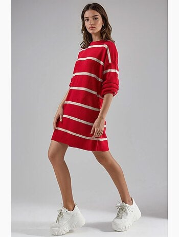 Vestido mini de malha canelada às riscas com gola redonda my fashion